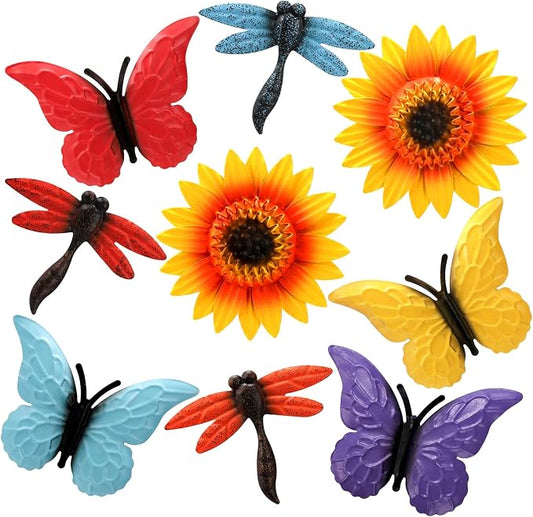 Pumtus 9 Pack Metal Flowers Wall Decor, Small Outdoor Fence Decoration, Butterfly Dragonfly Wall Art Ornament, Hanging Sunflower Animal Sculptures for Garden Patio Backyard Deck Home