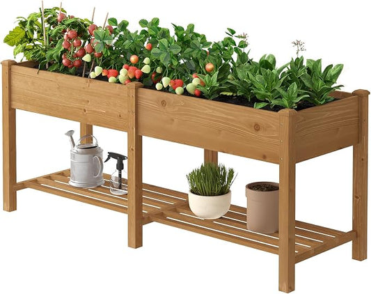 72x24x30.5in Raised Garden Bed Elevated Wood Planter Box with Shelf Garden Planter with Legs for Backyard, Patio, Balcony w/Divider Liner, 300lb Capacity (Brown)