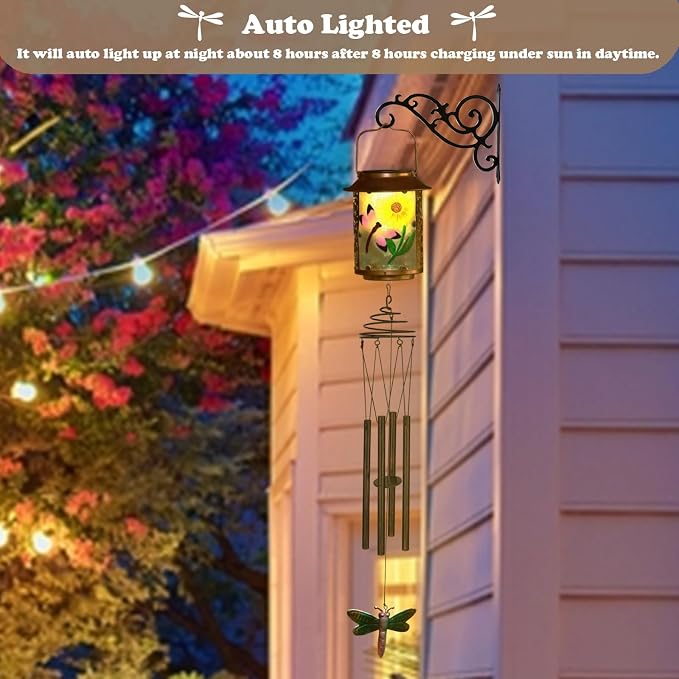 Solar Wind Chimes for Outdoor, Dragonfly Garden Decorations Memorial Wind Chimes Deep Tone, Sympathy Windchimes for Outside Garden Décor, Gifts for Mom, Grandma-Dragonfly