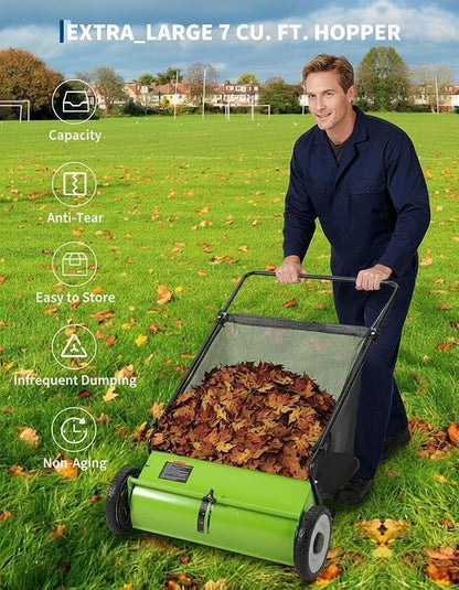 GarveeLife 21 Inch Push Lawn Sweeper with 4 Spinning Brushes, 3.5 Cu.ft Large Capacity Leaf Collector, Adjustable Height Grass Sweeper, All Terrain Lawn Leaf Debris Removal Tool for Yard Garden Patio