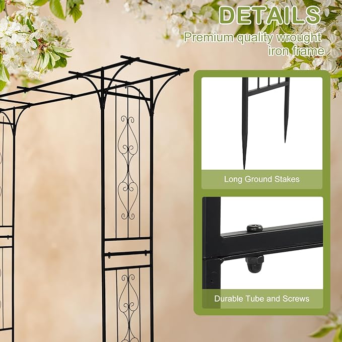 Outvita 7FT Black Metal Garden Arch Arbor Trellis | Sturdy steel frame archway for climbing roses vines, decor for patio, lawn, courtyard & wedding ceremony