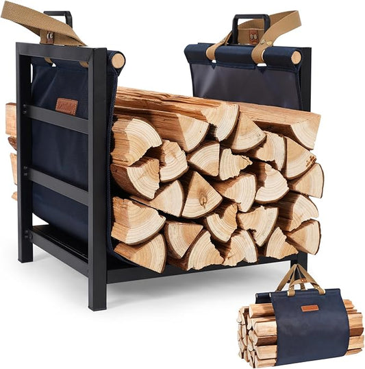 Firewood Rack Indoor Outdoor with Firewood Carrier, Fireplace Wood Log Holder Heavy Duty Metal, Indooor Firewood Holder for Fireplace Wood Storage, 16 inch, Navy