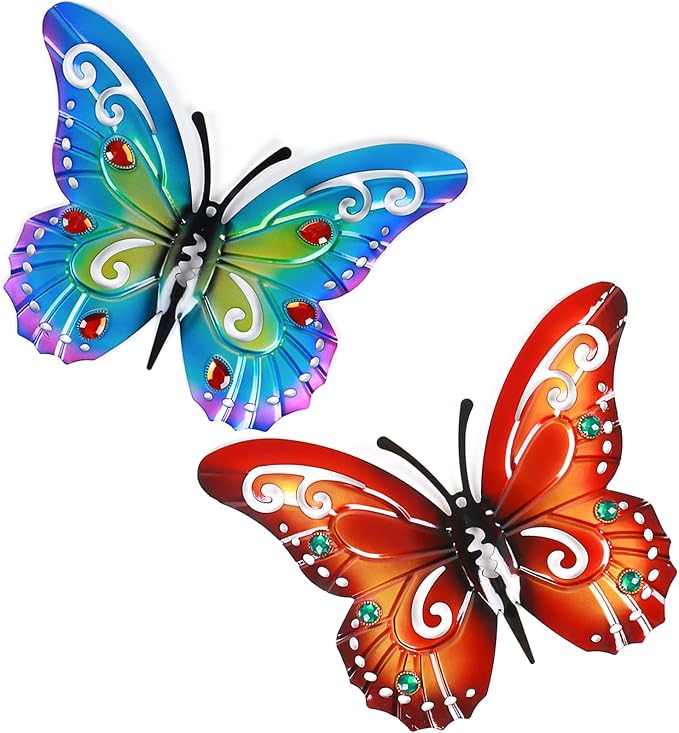 2 Pack Butterfly Decorations, 14.5" Large Metal Butterflies Fence Garden Yard Art Wall Decor for Outdoor Patio Balcony Tree Front Porch, Vibrant Colors Blue Red