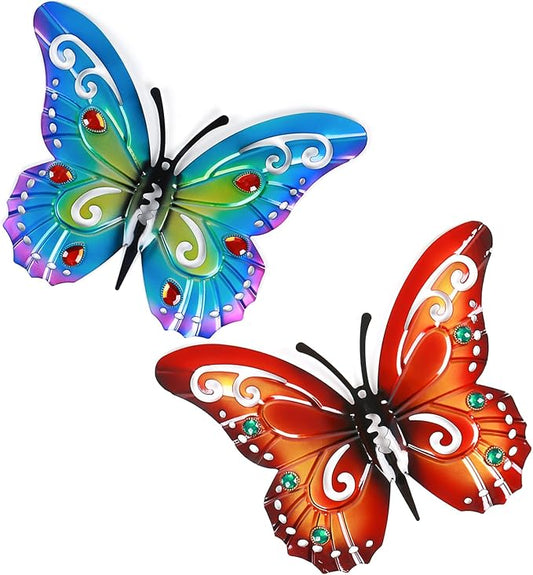 2 Pack Butterfly Decorations, 14.5" Large Metal Butterflies Fence Garden Yard Art Wall Decor for Outdoor Patio Balcony Tree Front Porch, Vibrant Colors Blue Red