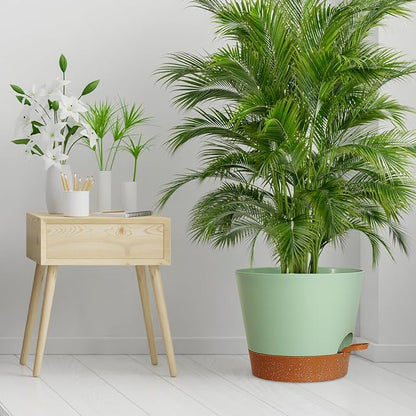 Meowell 12 inch Large Self Watering Pots for Indoor Outdoor Plants, Flower Plant Pots with Drainage Holes for Garden House Plants, Plastic Planters with Reservoir for Home, Green with Brown