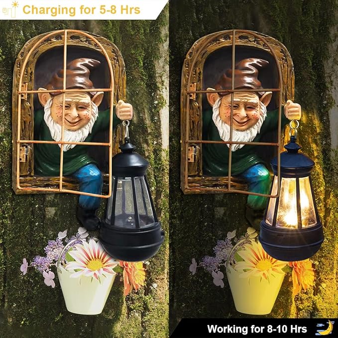Garden Gnome Statue with Solar Lights Mom Dad Gifts Summer Decor Fairy Garden 10 in Elf Outdoor Tree Hugger Statues- Tree Face Sculpture, Yard Art for Patio,Fence,Lawn,Wall Gnomes Ornament