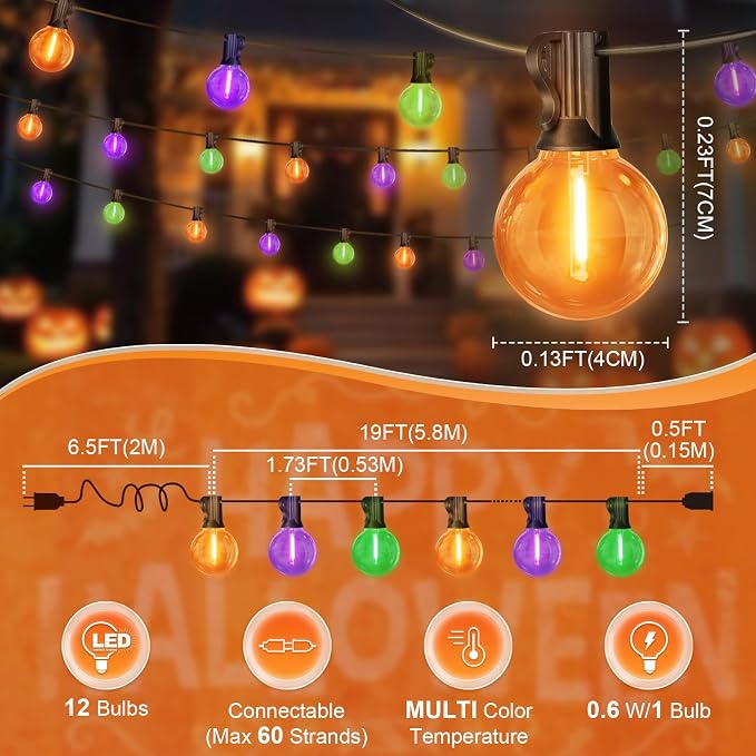 LAMPHOME LED Outdoor String Light, 26Feet Patio Lights with 12+1Edison Shatterproof Bulbs(1Spare), UL Waterproof Outside Lights connectable Dimmable for Backyard Porch Decor,Orange/Purple/Green