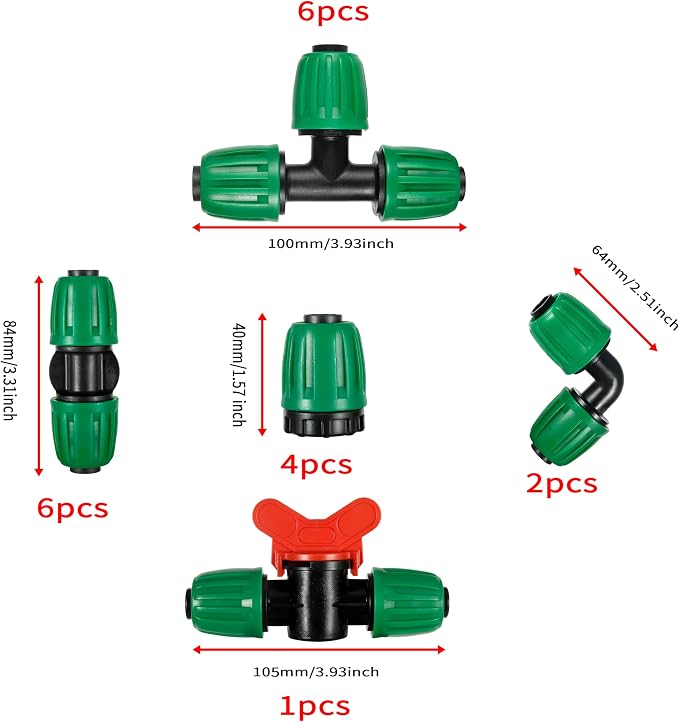 19 Pcs 1/2 Inch Drip Irrigation Fittings Kit (1/2" ID x0.6-0.63" OD) 1/2" Irrigation Tubing Connectors Barbed Locked Nuts Connectors Including 6 Tees, 6 Couplings, 4 Ends 2 Elbows,1 Switch Valves