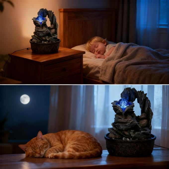 Three Bowls with Rotating Ball Flowing Tabletop Fountain Home Décor Indoor Decor Waterfall Sound Zen Mini Fountain Multicolor LED Light