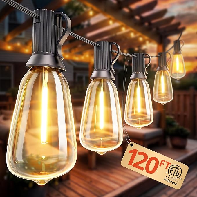 Outdoor String Lights 120FT, Outdoor Party Light with 58 Edison Lights Bulb | Patio Lights Outdoor Waterproof, LED Outside Hanging Light Connectable for Backyard, Porch, Garden, yard, Bistro, 2700K