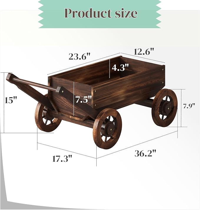 Wooden Wagon Garden Planter Cart with Wheels Rustic Flower Pot – Indoor Outdoor Patio Backyard Balcony Decor for Flowers and Plants(Large)