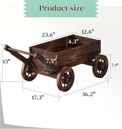 Wooden Wagon Garden Planter Cart with Wheels Rustic Flower Pot – Indoor Outdoor Patio Backyard Balcony Decor for Flowers and Plants(Large)