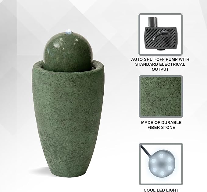 XBrand 25.98" Modern Sphere Water Fountain with LED Light – Indoor Outdoor Stone Texture Floor Fountain, Zen Bubbling Ball Water Feature for Garden Patio Porch