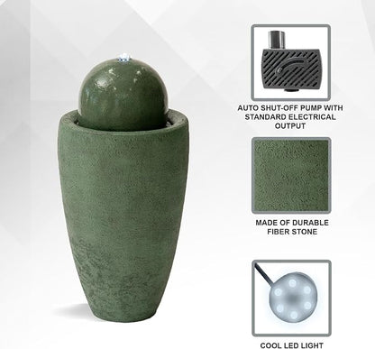 XBrand 25.98" Modern Sphere Water Fountain with LED Light – Indoor Outdoor Stone Texture Floor Fountain, Zen Bubbling Ball Water Feature for Garden Patio Porch - Green