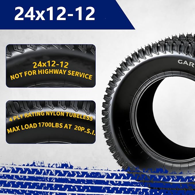 GarveeLife 24x12-12 Lawn Mower Tires (Set of 2) - 24x12x12 4-Ply Tubeless Garden Tractor Turf Tires, 1700 LB Load Capacity, 20 PSI, for Mowers & Yard Carts