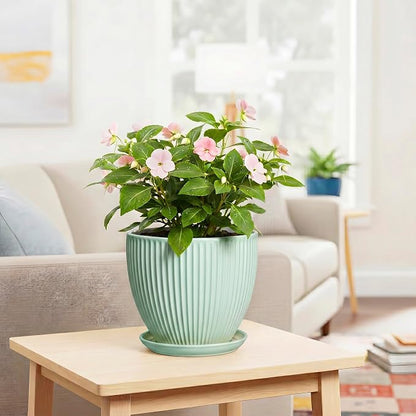 Ceramic Plant Pot, 8 Inch Flower Pots for Indoor Plants, Decorative Flower Planter with Drainage Hole and Saucer, Modern Round Pots for Plants, House Decor, House Warming Gifts, Mint Green