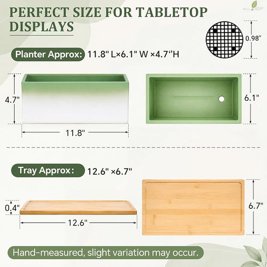 Succulent Pot 12 Inch Large Succulent Planters with Drainage Ceramic Bonsai Pot with Bamboo Tray Rectangle Shallow Planter for Indoor Cactus Flower Planter Window Box for Home Garden Decor (Green)