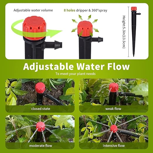 100 pcs Drip Emitters for 1/4" Drip Irrigation Tubing, Adjustable 360 Degree Water Flow Drippers for Drip Irrigation on 5" Arrow Stake for Garden Watering System Flower Plant