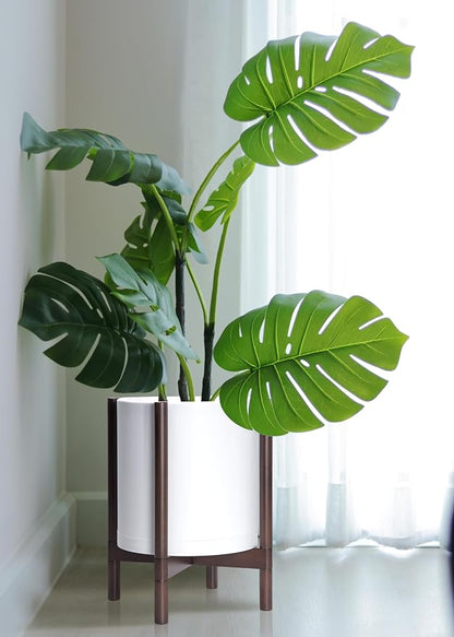 D'vine Dev Plastic Pot with Walnut Wood Stand, White, 14 in, 55-C-R-1 | Mid-Century Inspired Design, Elevated Plant Display, Clean Lines, Sturdy Support, Modern Space-Saving Style