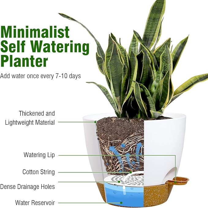 WSMKSZ 8 inch Self Watering Pots, 2 Pack Plastic Planters with Mesh Drainage Holes for Garden Plants and Flower, Plants Pots with Deep Reservoir for Indoor Outdoor Plants, White with Brown