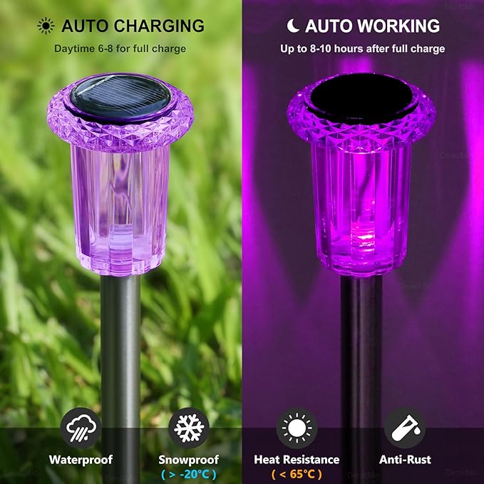 DenicMic Solar Halloween Lights Outdoor 15 Pack Purple LED Halloween Decor | Yard Garden Pathway Walkway Driveway Landscape Spike Style Starburst Light Pattern, IP65 Waterproof, Acrylic/Stainless Steel