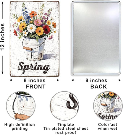 Vintage Spring Metal Tin Sign Wall Decor,Floral Bouquet Wall Art Sign for Home Porch Garden Yard Indoor Outdoor Wall Decor