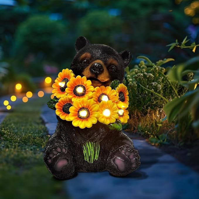 Solar Garden Lights Outdoor Statues Black Bear with Sunflowers, Sculpture Decor Mother Gifts for Women, Men or Daughter, Unique Garden Statues for Housewarming Gifts