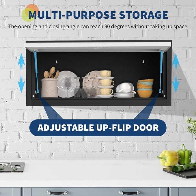30.3In Heavy-Duty 0.6mm Steel Wall Mounted Storage Cabinet with Lock, Metal Storage Cabinet with Dual Hydraulic Rods, Garage Wall Cabinet for Office, Kitchen, Warehouse, Black Dark Gray