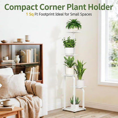 LASZOLA 5 Tiered Plant Stand Tall for Indoor Corner, Modern Multiple Flower Display Rack with Wooden Tray, Vertical Planter Shelf for Living Room Bedroom Patio Garden Balcony, White