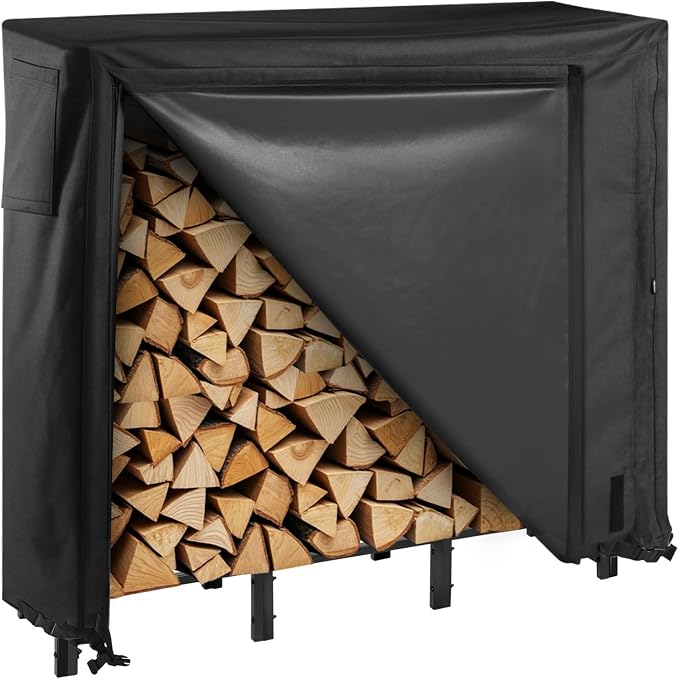 VEVOR Firewood Rack with Waterproof Cover, 4 ft Outdoor Firewood Holder, 1/4 Cord Storage Metal Log Holder, 400lb Max Weight Capacity, Full Covered, Powder-Coated Wood Storage Rack for Fireplace Deck