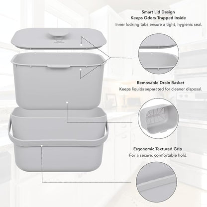 Kitchen Compost Bin – 1.3 Gallon Countertop Compost Bin with Lid, Odor-Blocking, No Charcoal Filters Needed, Indoor Compost Bin with Removable Basket, Easy Clean