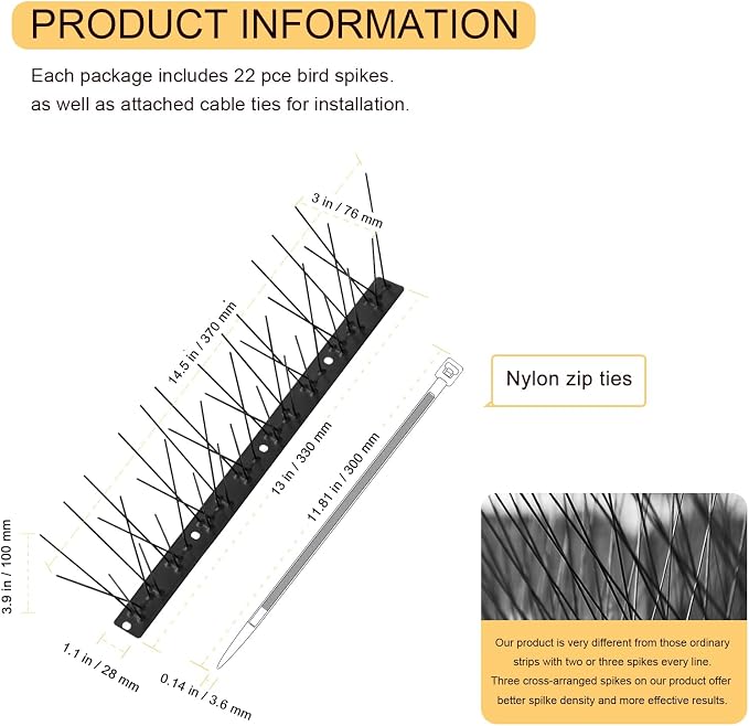 OFFO Black Bird Spikes Pre-Assembled for Pigeons Birds, Cover 24 Feet Durable Bird Spikes with Stainless Steel for Fence Roof Mailbox Window