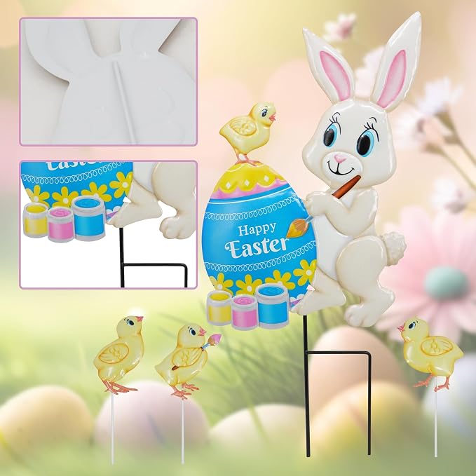 Yard Sign Stakes Made of Metal, Easter Yard Stakes with Bunny Egg for Easter Decorations Outdoor Garden Lawn Porch