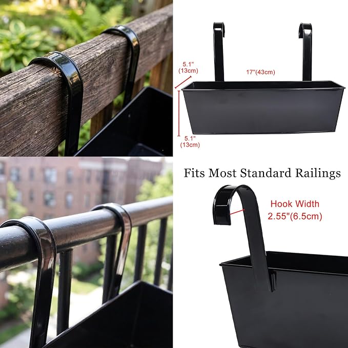 Outdoor Railing Hanging Planter Pot, 17" Metal Planter Pots for Plants, Fence Flower Pot for Porch Balcony with Detachable Hook & Drainage Hole (Rectangular-Black, Pack of 8)