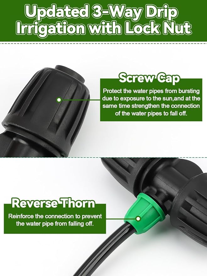 Kalolary 20PCS Locked Barbed Tee Connectors, 1/2” to 1/4” Drip Irrigation Fittings Kit 12/16mm to 4/7mm Tube Lock Female Connector 3-Way Barbed Lock Irrigation Parts for Watering System (Black Green)