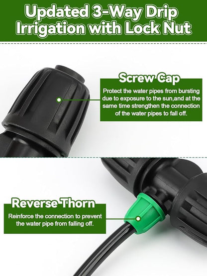 Kalolary 20PCS Locked Barbed Tee Connectors, 1/2” to 1/4” Drip Irrigation Fittings Kit 12/16mm to 4/7mm Tube Lock Female Connector 3-Way Barbed Lock Irrigation Parts for Watering System (Black Green)