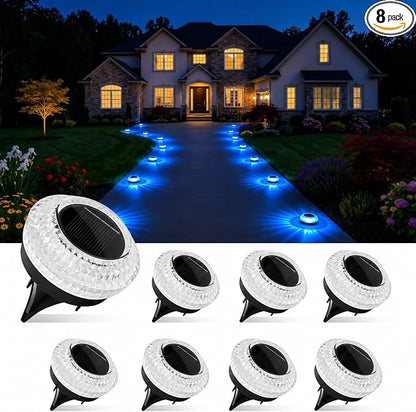 Solar Ground Lights Outdoor, 8 Pack Solar Driveway Dock Lights IP67 Waterproof Anti Glare Diamond Solar Garden Lights Landscape Lighting for Patio Yard Deck Walkway Pathway （Blue）