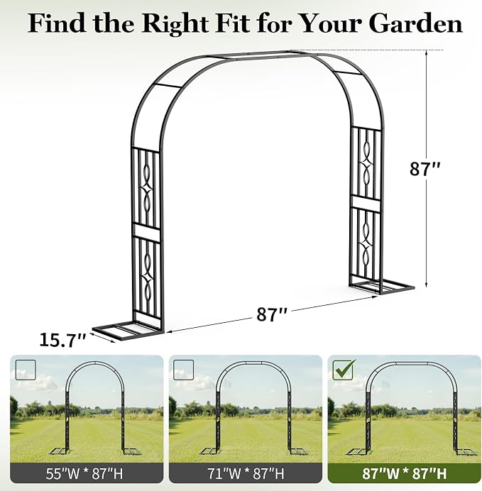 Metal Garden Arch, Heavy Duty Garden Trellis for Climbing Plants, with Enlarged Base for Stability, Ideal for Wedding Arches & Party Decorations, 87" W x 87" H
