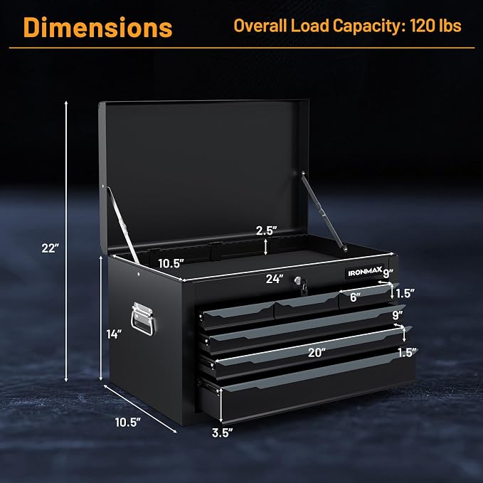 Goplus Tool Box, 24” 6-Drawers Steel Tool Chest w/Top Tool Tray,Automatic Lock, Protective Liners, Handle, Smooth Ball Bearing Sides, Portable Tool Storage Organizer, Toolbox for Garage Workshop