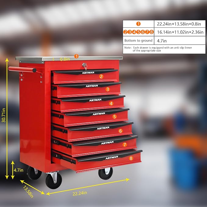 KEIKI 7 Drawers Tool Cart on Wheels,Multifunctional Rolling Tool Chest Tool Storage,Drawers Rolling Tool Trolley Organizer Tool Case for Garage, Warehouse, Workshop, Repair Shop (Red)
