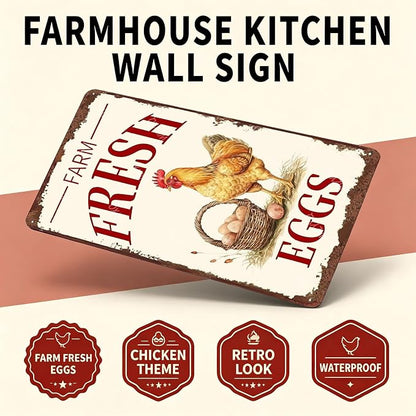 Metal Signs Farm Fresh Eggs Chicken Vintage Tin Sign for Farmhouse Chicken Coop Farm Kitchen Wall Decor 12x8 Inch