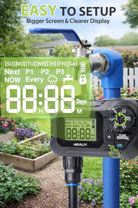 HIRALIY 100FT Drip Irrigation Kit with Timer, Quick-Connect Garden Watering System with 80FT 1/4" Tubing, 20FT Main Hose, 24 Adjustable Drippers for Raised Beds, Lawn & Greenhouse