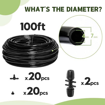 100FT 1/4 Inch Drip Irrigation kit Tubing Distribution Hose Tube for Garden Drip Irrigation System (Includes 2 Pack 6-Way Connector and 20pcs 1/4" Tee Splitters and End Plugs)