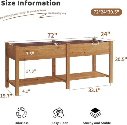 Raised Garden Bed with Legs Elevated Wooden Planter Box Stand Large Planter Stand Box for Fruits Vegetables Flowers with Divider with Bag- 72 * 24 * 30.5IN（Brown）