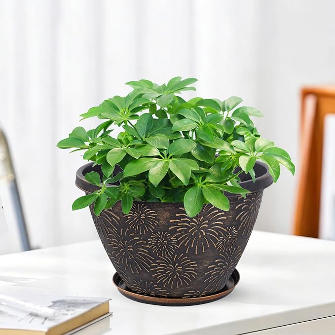 Nooulap 6 Pack 8 Inch Plant Pot, Flower Pots for Indoor Outdoor, Durable Decorative Planters for House Garden Plants Herbs Flowers Succulents, Antique Gold Firework Embossed Design