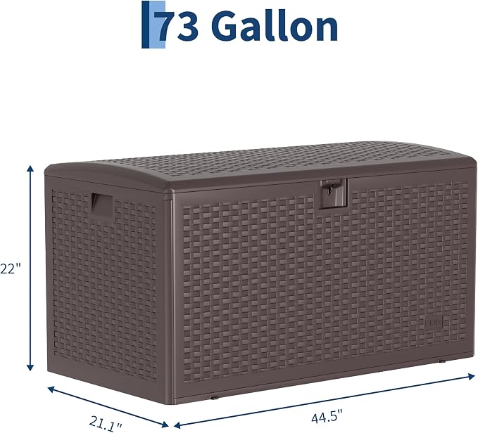 Garvee 73 Gallon Waterproof Large Resin Deck Box Indoor Outdoor, Lockable Storage Container for Patio Furniture Tools, Waterproof Deck Box Patio Storage Bin for Pool Garden, Brown