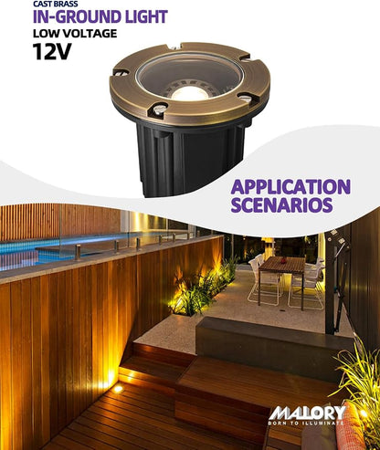 MALORY Brass Top Cover Landscape Well Lights, (φ126 mm) 12V Low Voltage Outdoor In Ground Lights,Landscape Lighting for Pathway, Driveway and Garden 10-Pack with Bulb (Flat Top)
