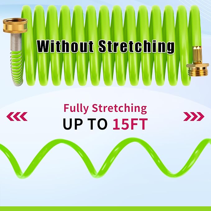 AUTOMAN Coil Garden Hose 15 ft, EVA Curly Water Hose with Brass Connectors, Recoil Garden Water Hose,Includes 7-Pattern Function Sprayer,Retractable,Corrosion Resistant Garden Coil Hose.