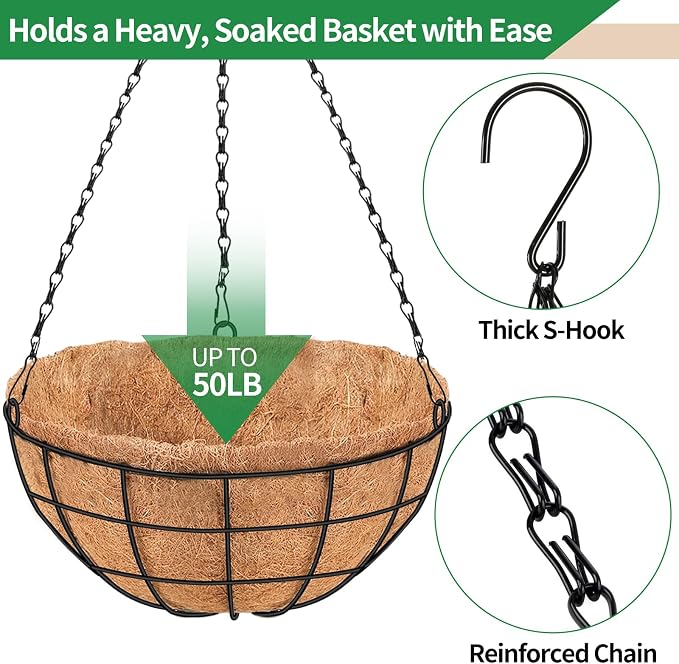 14 Inch Hanging Baskets for Plants Outdoor, 2 Pack Metal Round Wire Hanging Planters with Natural Thick Coco Liners, Garden Patio Decor for Flowers, Herbs, Succulents