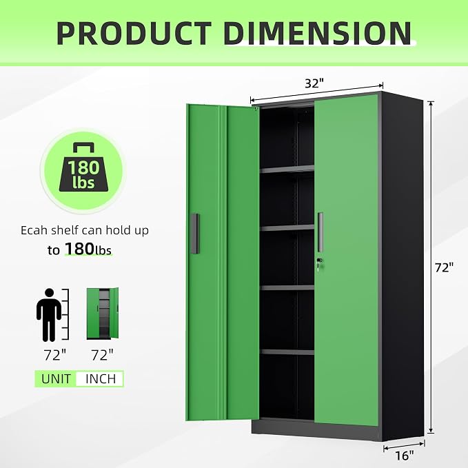 INTERGREAT Metal Storage Cabinet, 72" Locking Steel Cabinets with 2 Door and 4 Adjustable Shelves, Tall Metal Cabinet for Home Office, Garage, Warehouse,(Black+Green)